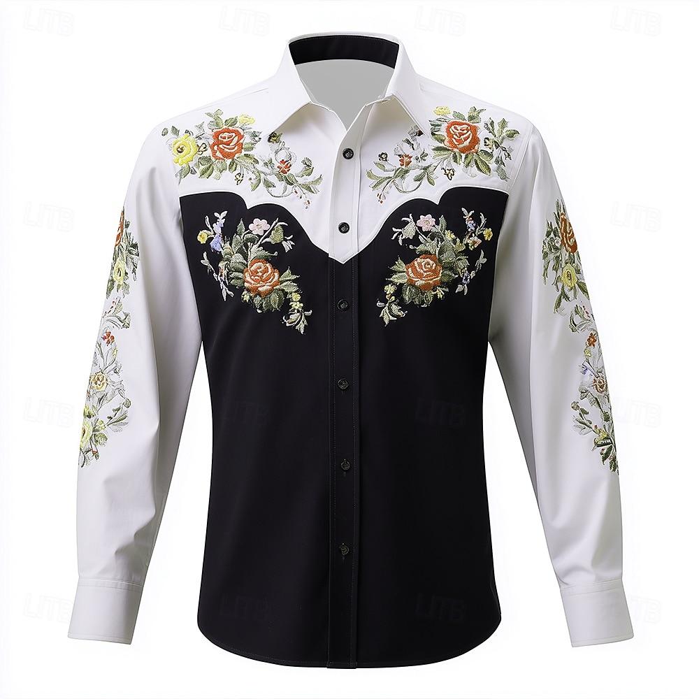 Men's Long Sleeve Shirt Floral Print Western Cowboy Shirt Autumn Streetwear Casual Comfort Polyester Slim Fit Shirts