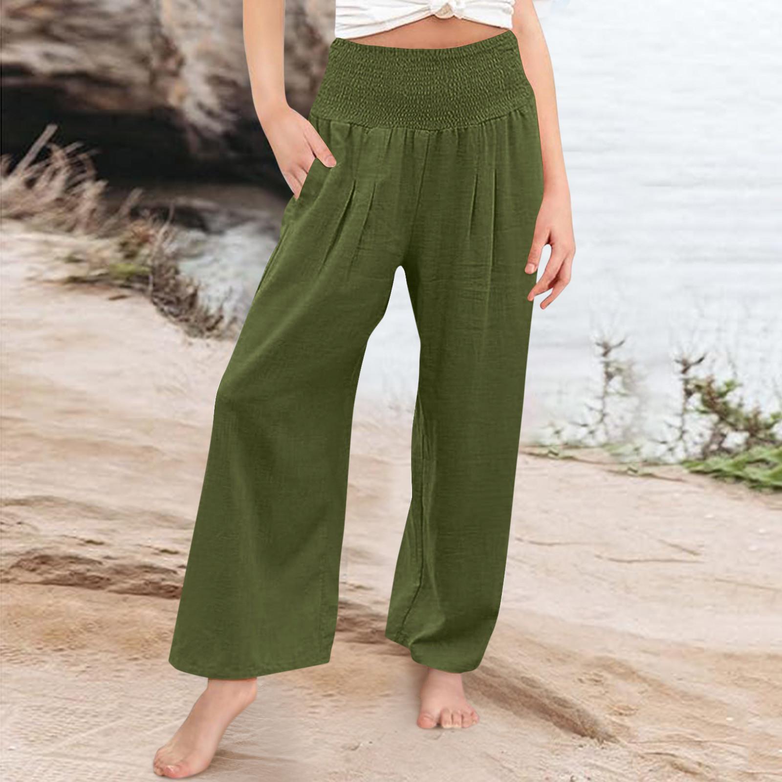 

Детские летние брюки широкого кроя - повседневные брюки из льна и хлопка свободного кроя 110 зелёный