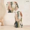 Women Plus Size Abstract Printed Round Neck Batwing Sleeve Ruffle Hem Top Fishtail Skirt Two Piece Set