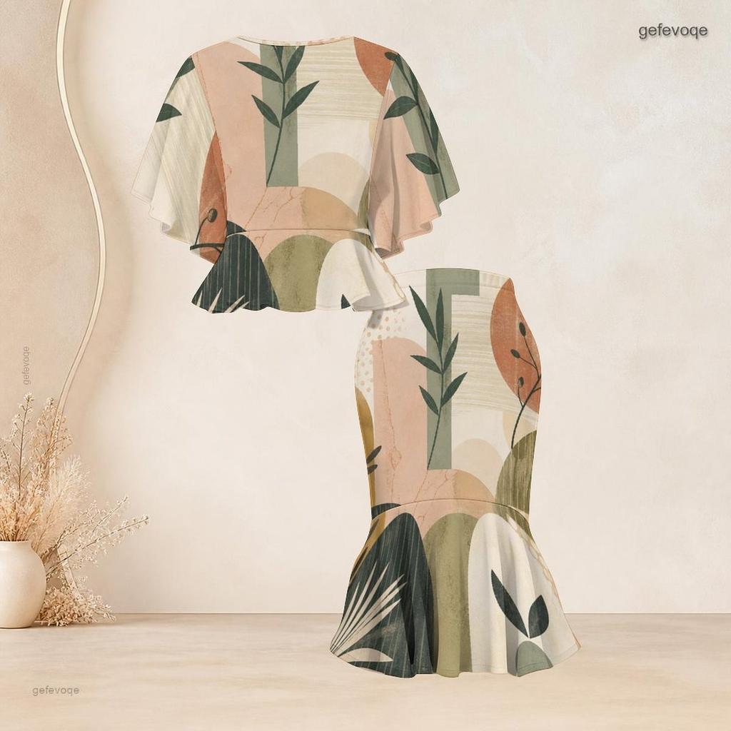 Women Plus Size Abstract Printed Round Neck Batwing Sleeve Ruffle Hem Top Fishtail Skirt Two Piece Set