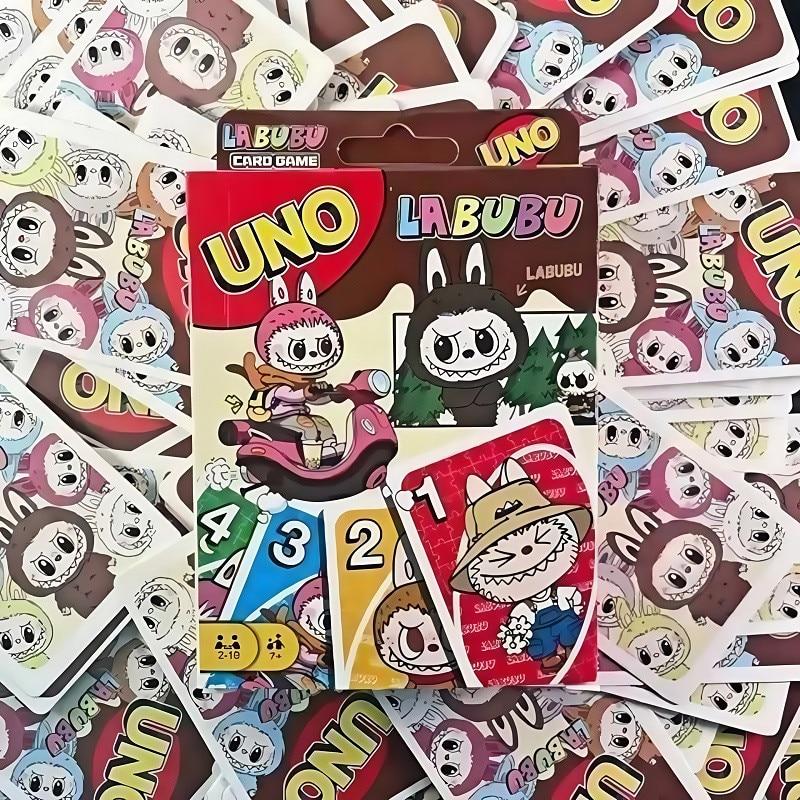 Joc Uno - Labubu AjieQaQ Pro Edition Waterproof Card Game, Portable Size 9x14cm, Easy Rules, for Family/Adults/Teens 7+, Party Game, Multicolor