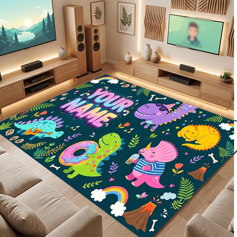 Dinosaur Theme Soft Crystal Velvet Rug Custom Name & Text Print Non Slip Floor Rug for Bedroom Living Room