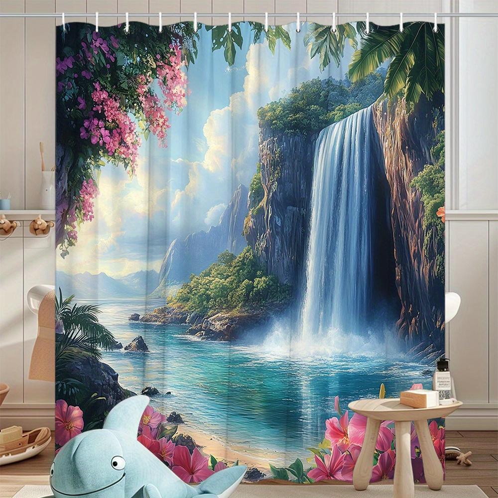 ropical Waterfall Shower Curtain: Hibiscus flowers, greenery, cliffs", polyester, machine washable, 12 hooks, serene design.