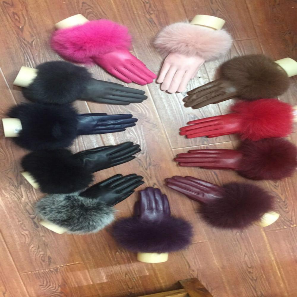 Sheepskin  Women Fox Fur Leather Gloves чёрный