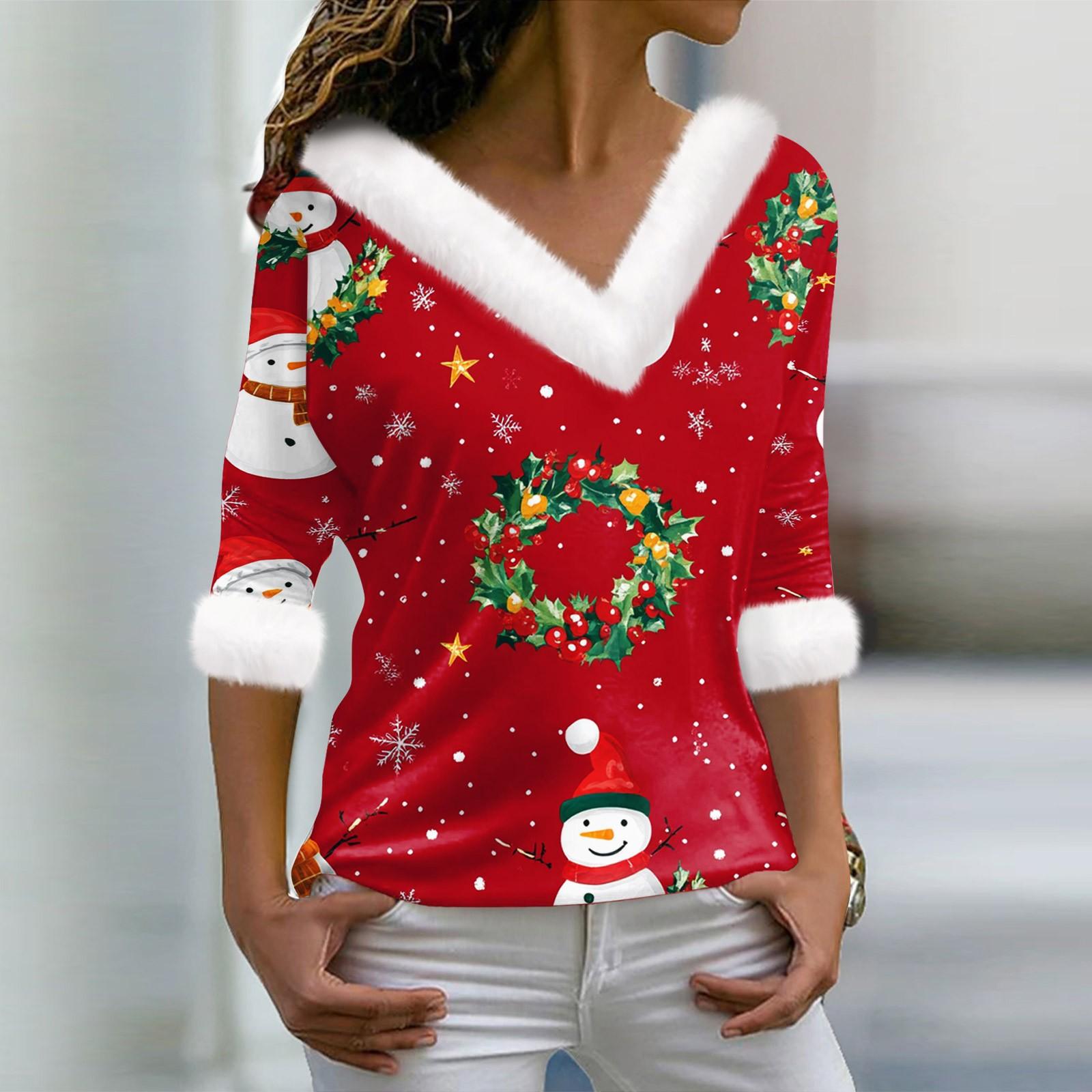 

Женская футболка с рождественским принтом, длинный рукав, флисовый воротник, V-образный вырез, футболка XXL фиолетовый