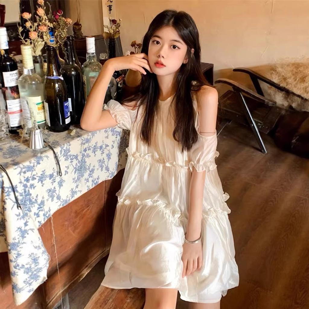 French Summer Sweet Temperament Off-the-shoulder Dress Female Gentle First Love White Moonlight Princess Dress Ruffle Leaf Fairy Dress