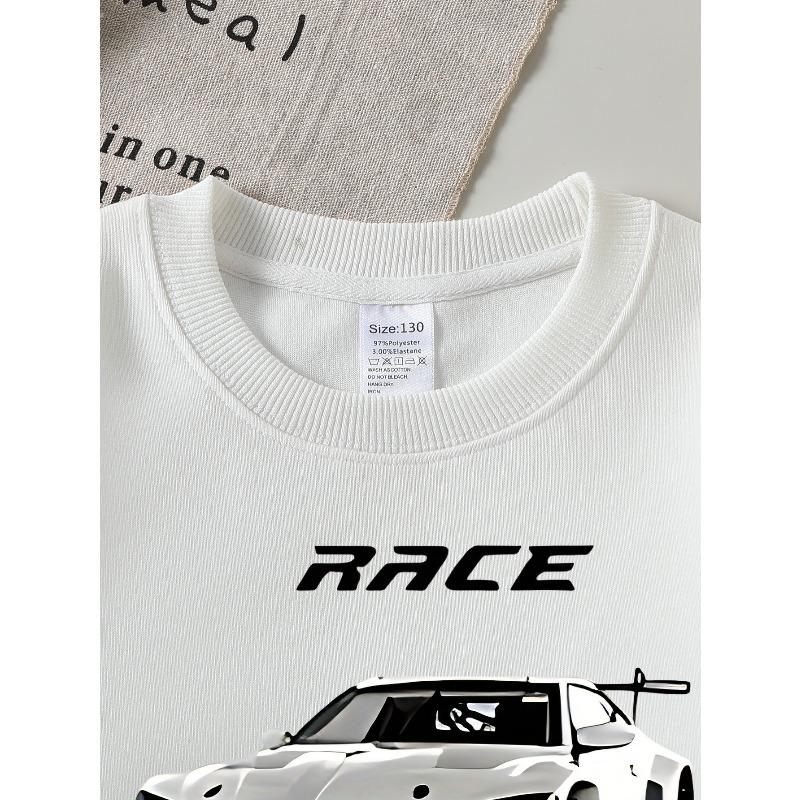 European Size Race Car Speed Design White Sport Crew Neck Fashion Sweatshirt, Autumn and Winter Western Style Top, Children's Long Sleeved