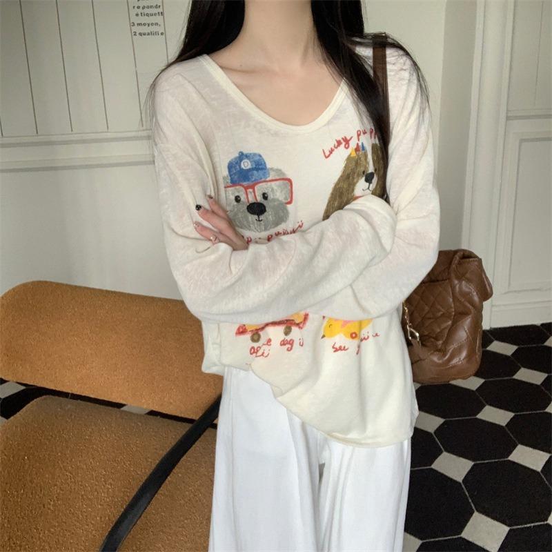 Cartoon printed long-sleeved T-shirt women's spring new large-size inner top bottoming shirt tide