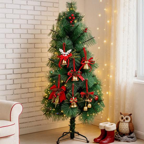 Holiday Home Decorations Christmas Bow Ornaments with Gold Jingle Bells, Xmas Tree Hanging Wreath Retail Window Displays Pine Cones, Red Berries