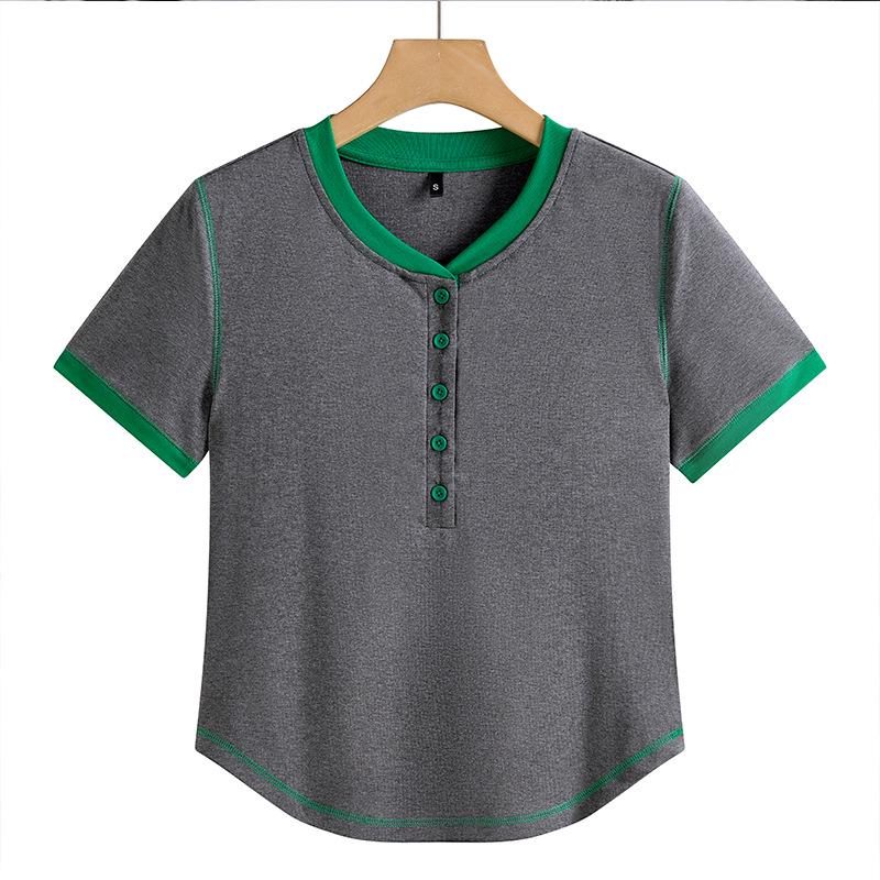 

2025 Spring/Summer Women s Color Block V-Neck Short Sleeve Button-Up Casual Cotton T-Shirt M
