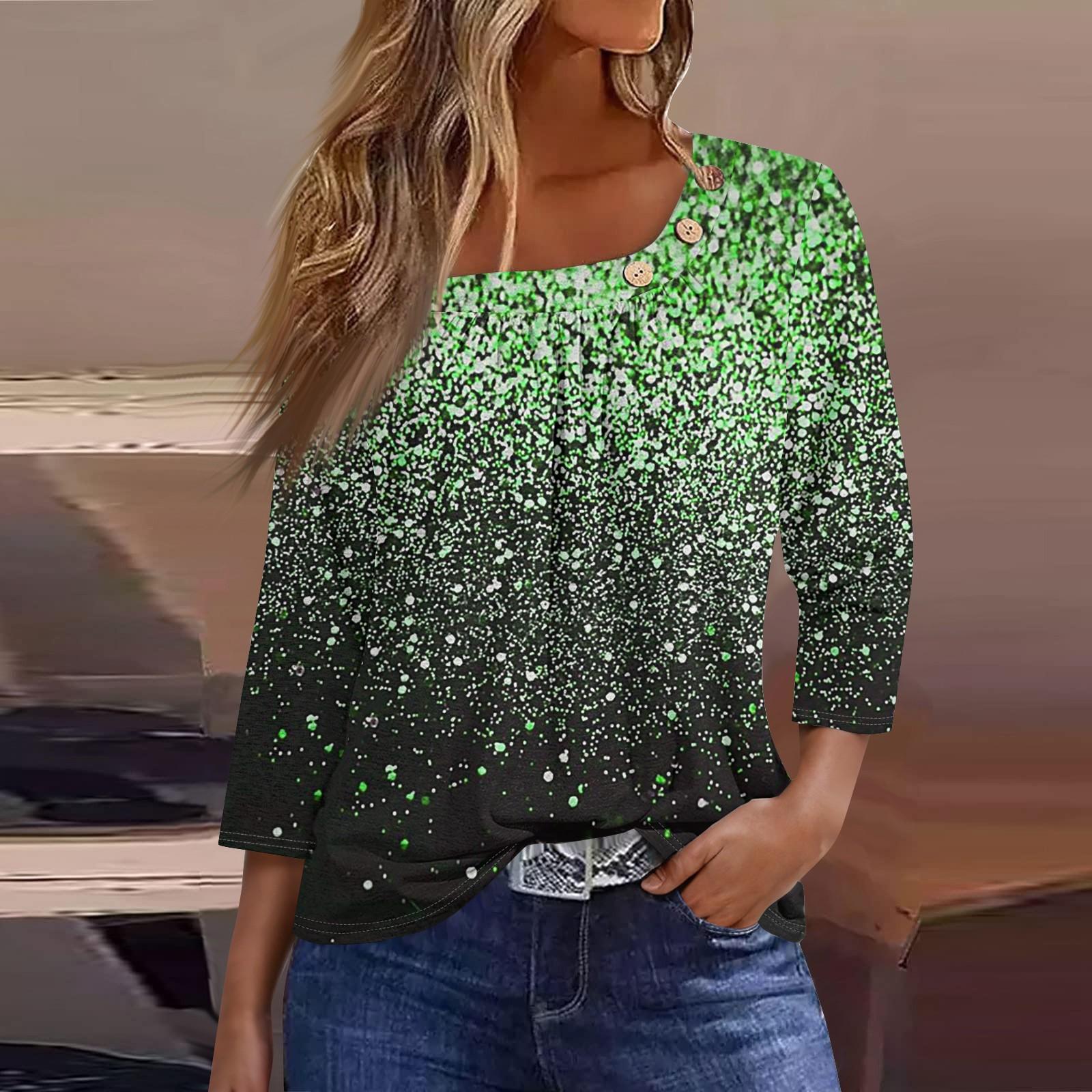 

Жен. Футболка Футболка С принтом Пуговицы Рукав 3/4 Повседневные Выходные Мода Классический Классический Верх XXXL зелёный