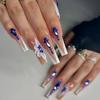 24Pcs Blue Flower French Tip Long Coffin Press On Nails With Rhinestones Reusable Fake Nail Art