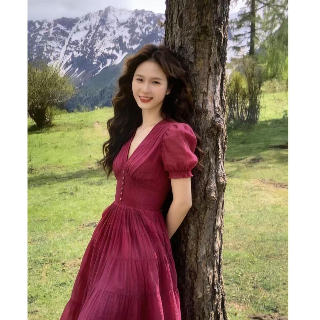 2026 Raspberry Off-Shoulder Petite Summer Maxi Dress - Elegant French Slimming Style for Women