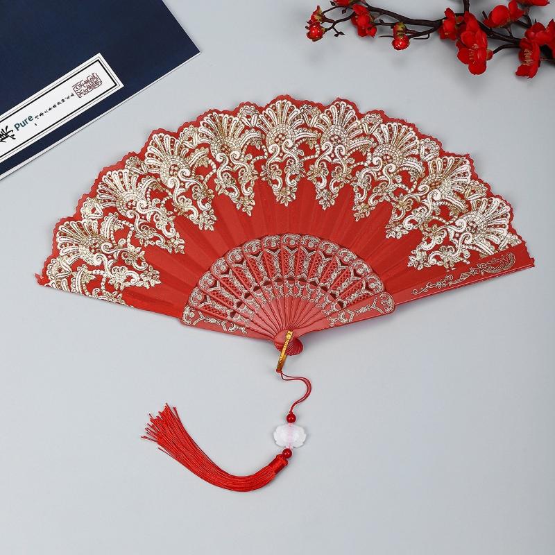Elegant Chinese Lace Folding Hand Fan with Tassel Vintage Portable Prop for Ancient Costume Shoot Traditional Cultural Events