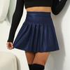 Women's High Waist PU Leather Pleated Mini Skirt Solid Color Casual Flared Skirt