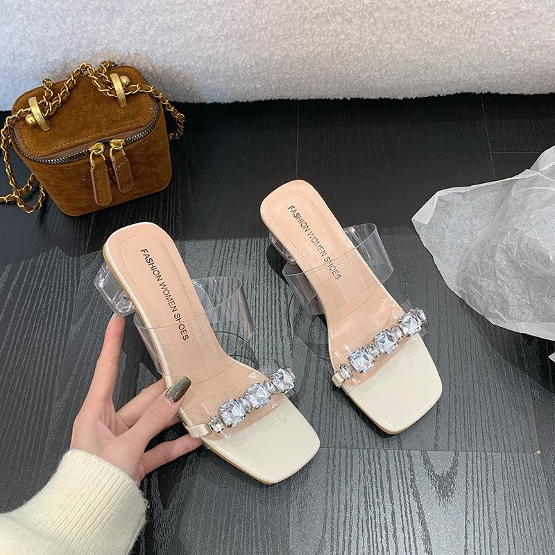 Rhinestone slippers women's fashion summer high sense transparent word with crystal thick heel high heel sandals