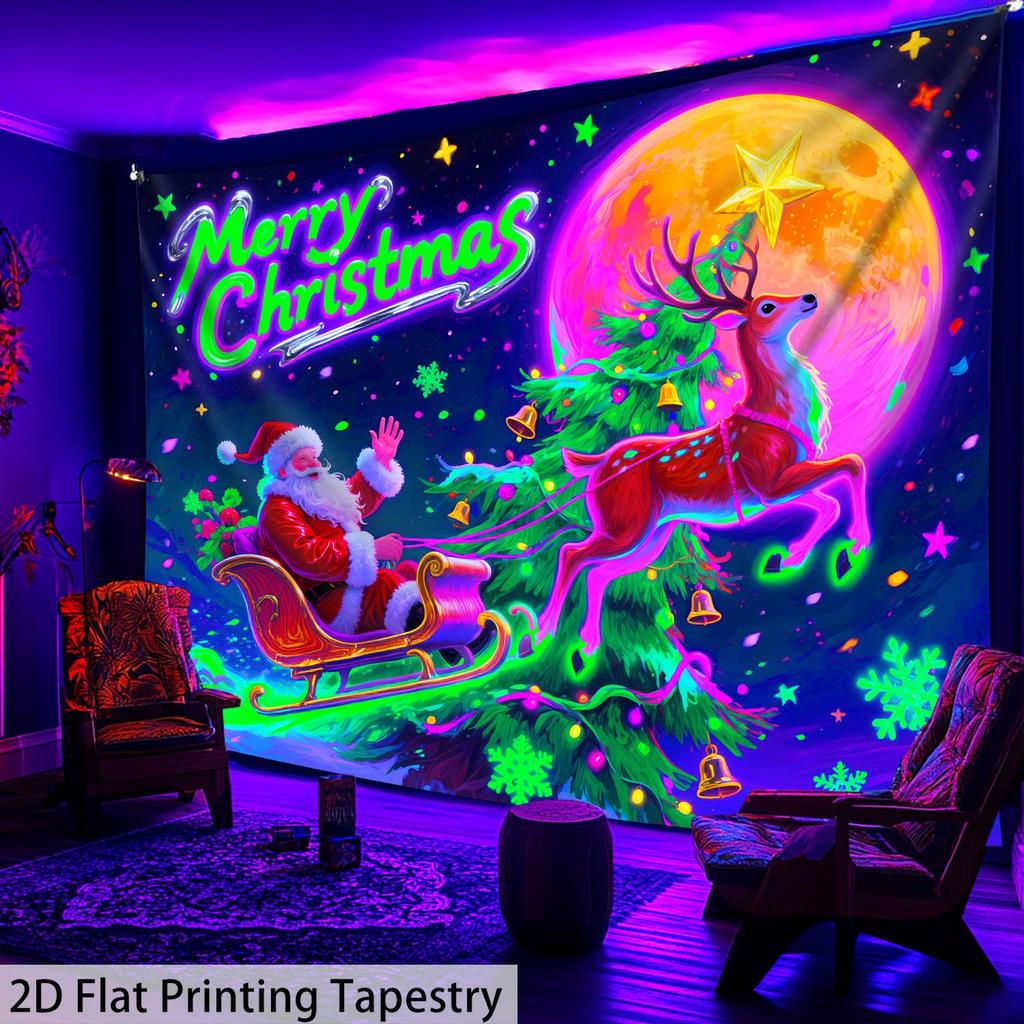 Christmas Dark Santa Reindeer Fluorescent Tapestry Outer Space UV BlackLight Tapestry, Wall Hanging For Living Room Bedroom Office Home Decor