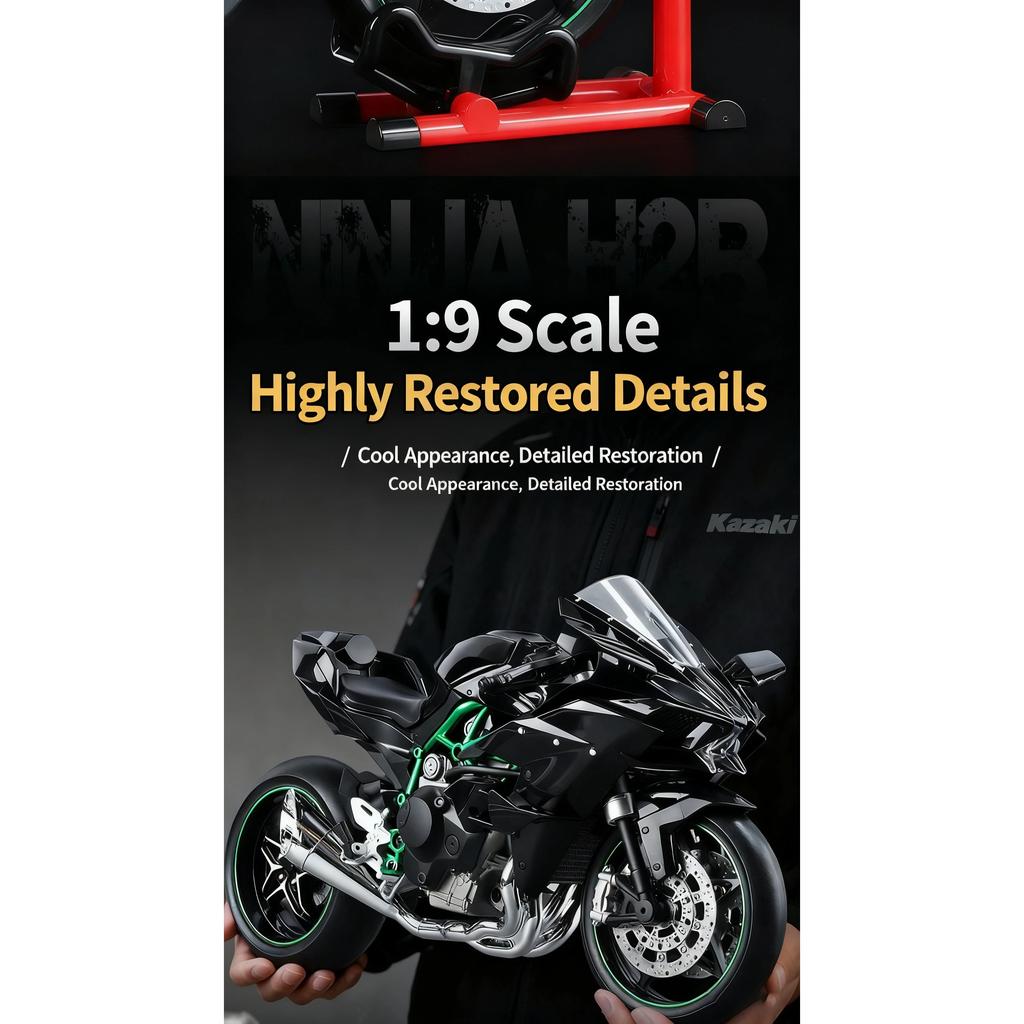 1/9 Kawasaki Ninja H2R with Spray Alloy Motorcycle Model Toy Vehicle Collection Sound and Light Off Road Autocycle Toys Car