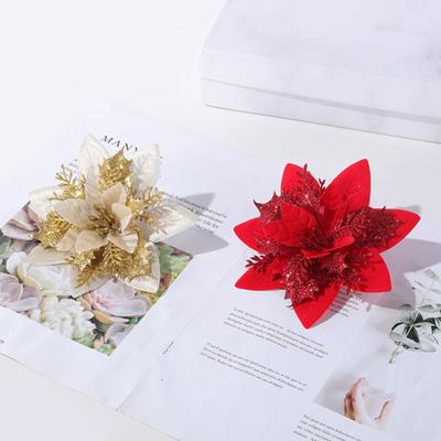 10Pcs/Set Christmas Artificial Flower Glitter Leaves Red Golden Silver-color Layered Xmas Tree Wreath Decoration Fake