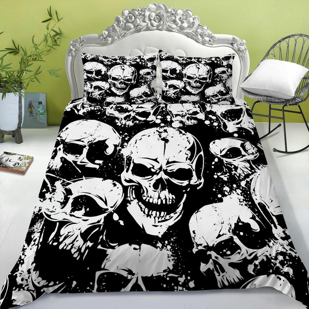 Bedding Set New Bed Cover 3D Skull Head Scary Print Family Bedroom Full Size Quilt Cover and Pillowcase Microfiber