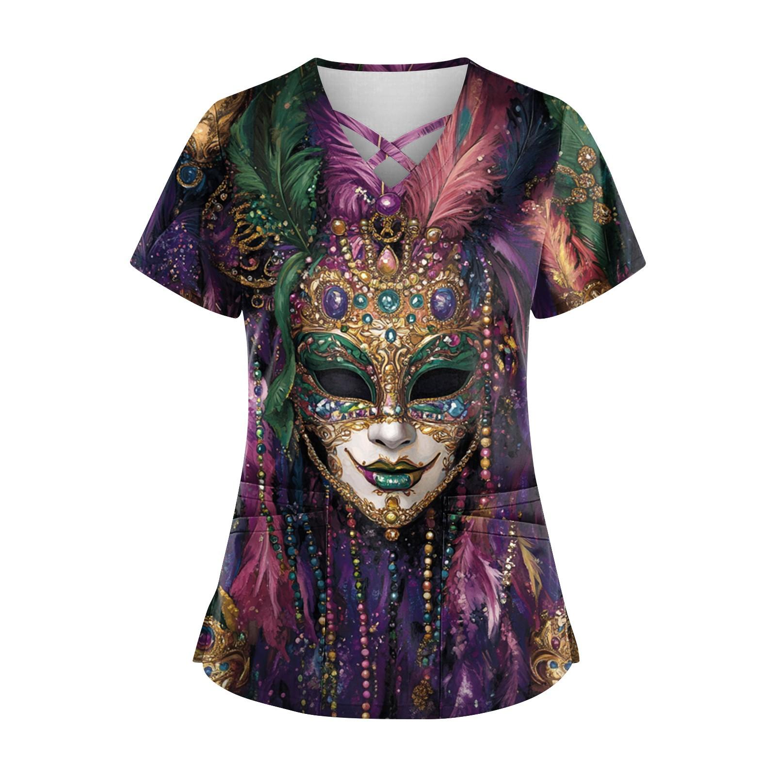 

Женский топ с коротким рукавом и V-образным вырезом, карнавальным принтом и карманом Dry-nurse XL фиолетовый