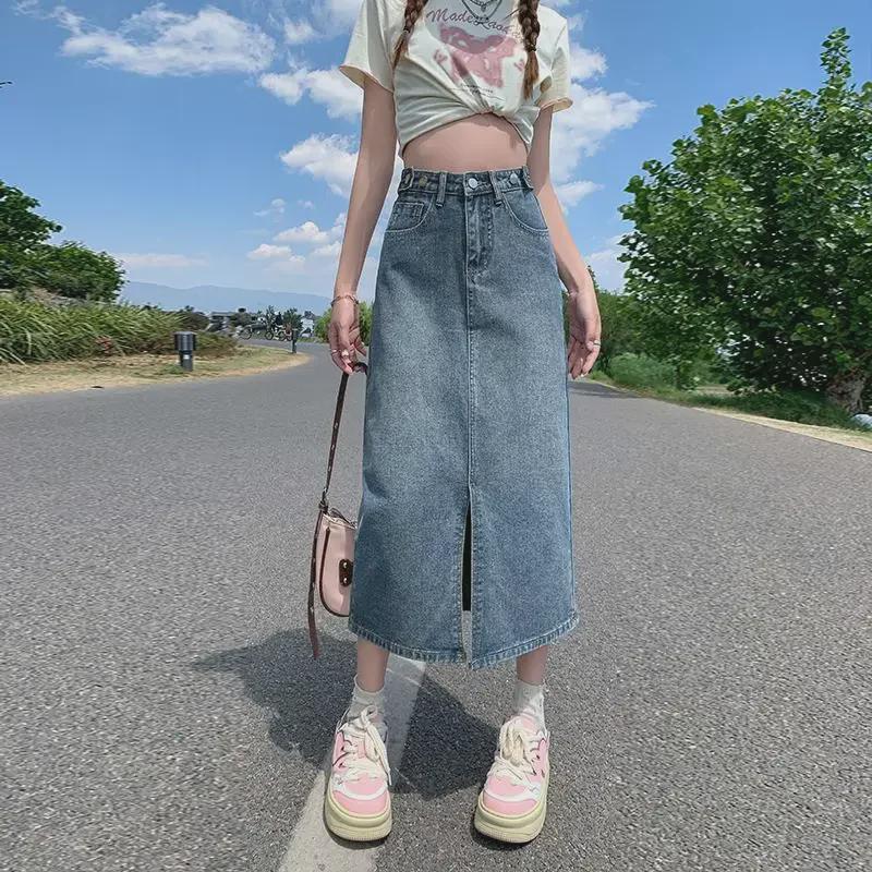 2024 High-Waist Split Denim Skirt: Women's Medium-Length A-Line for Spring, Summer, and Autumn