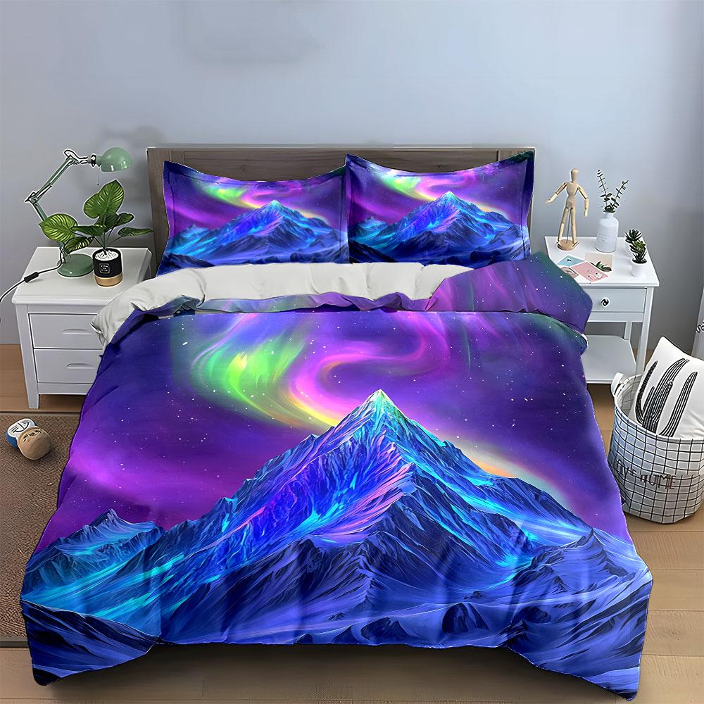 Aurora Mountain Three-Piece Art Decor Soft Comfortable Duvet Cover Bedding Set Included 1*Duvet Cover & 2*Pillowcases, Gift