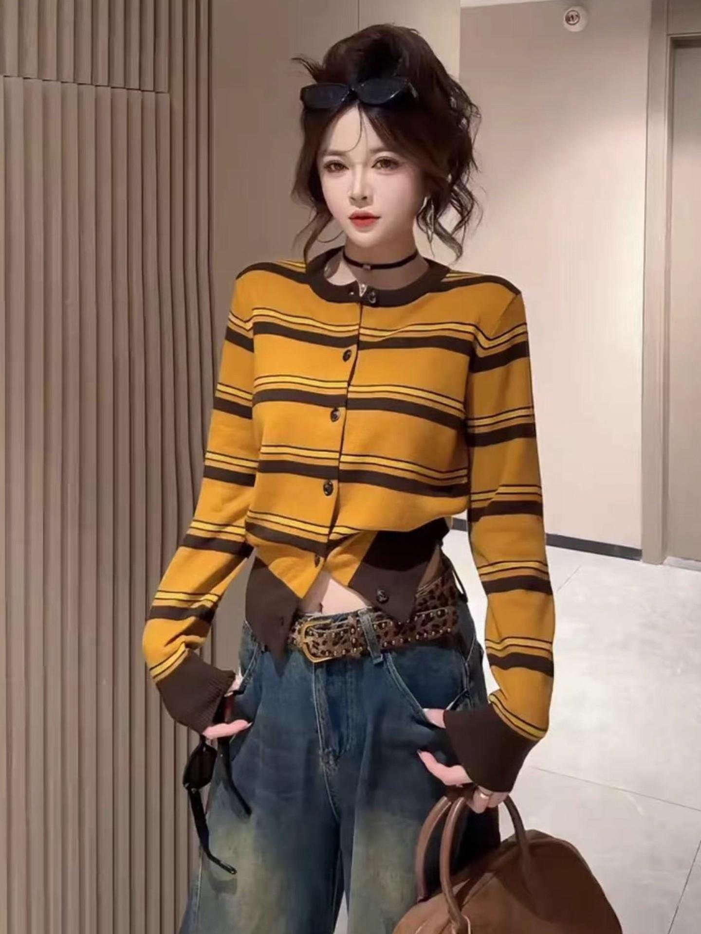 Корейский уникальный дизайн контрастные полоски вязаный кардиган осенний новый приталенный универсальный и тонкий иностранный топ тренд One Size