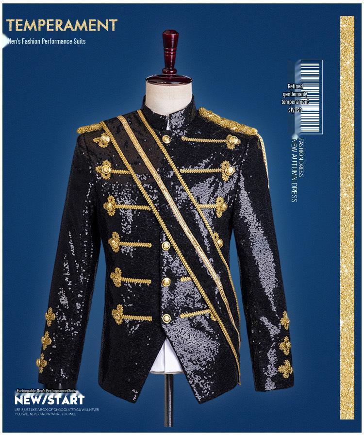 Herren Schwarzer & Goldener Pailletten Europäischer Hofstil Nachtclub DJ Performance Smoking.