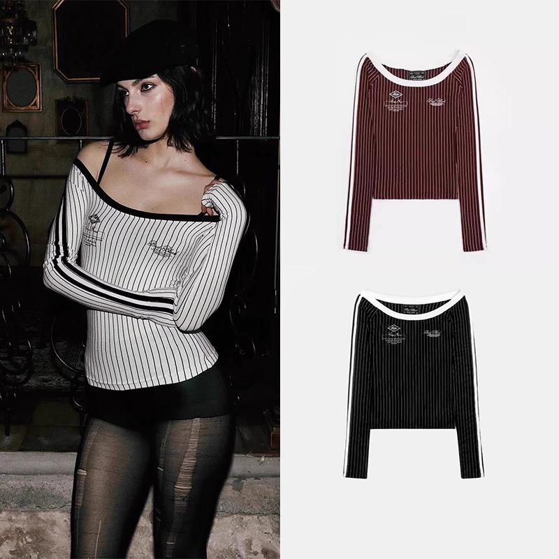 

Badblood Women s Retro Striped Off-Shoulder Slim Fit Long Sleeve Top Small