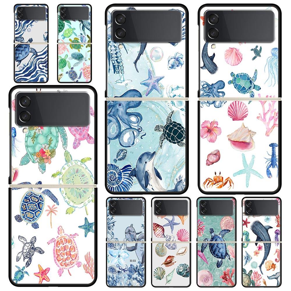 Phone Case for Samsung Galaxy Z Flip 3 4 5 6 7 Folding Black Shell For Samsung Z Flip4 Flip5 PC Hard Cover Ocean Life Theme