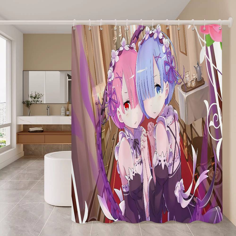 Rideau de douche blanc Rem Re Zero Anime pour le jeu, Rideau de douche décoratif pour salle de bain, Rideau de douche imperméable avec crochets