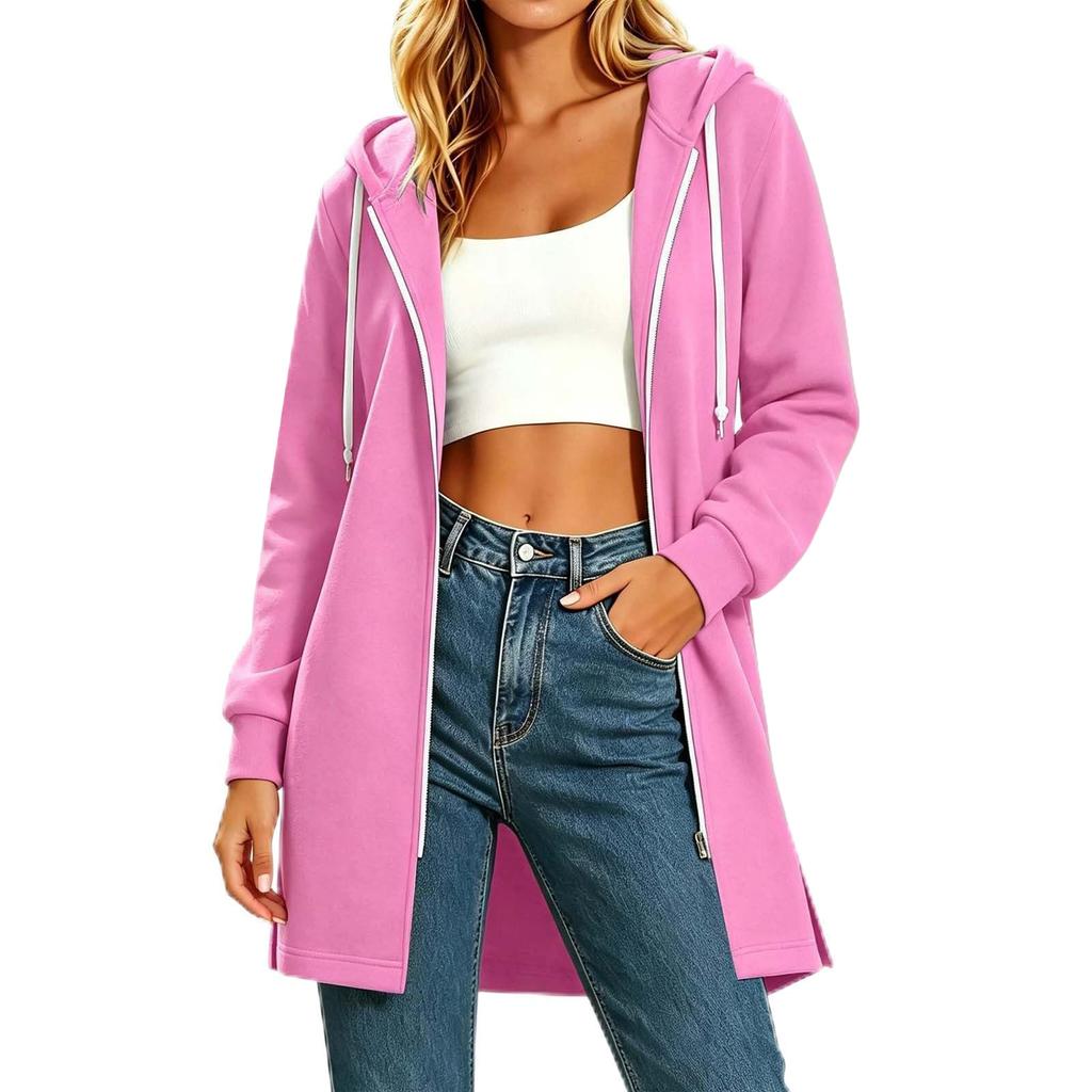 Cardigan da donna casual alla moda con cappuccio, chiusura lampo, manica lunga, vestibilità ampia con spacchi laterali