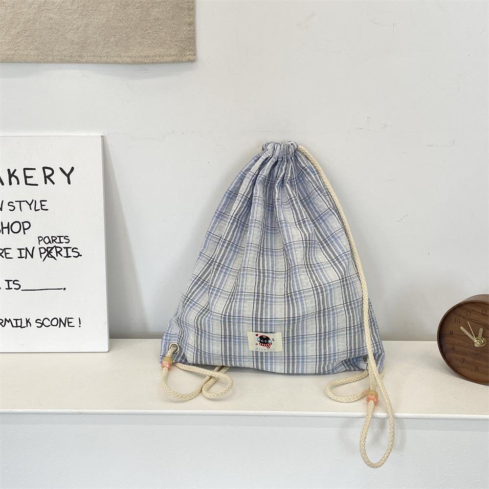New Fashion Trend Drawstring Backpack Beaded Summer Plaid Canvas Backpack Simple