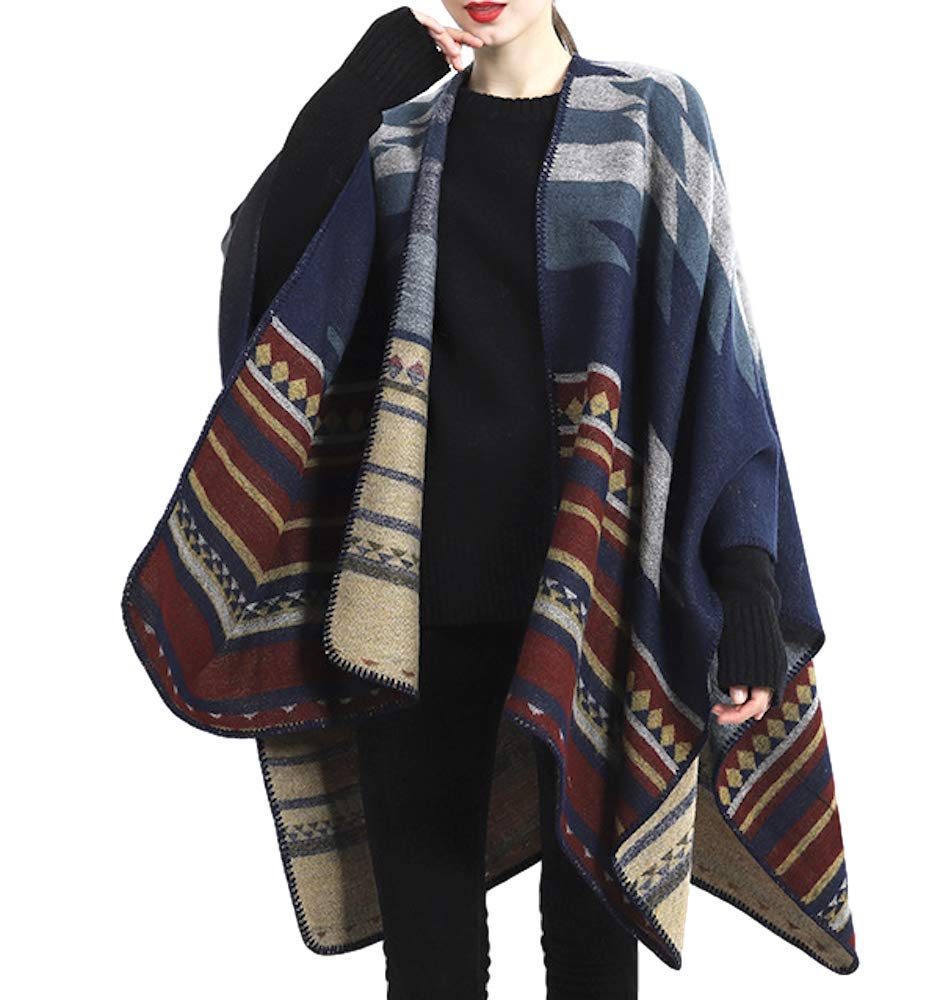 Large Ortega Check Pattern Knit Woven Tonbi Woven Ethnic LOPKS. Stole/Poncho/Scarf, (Navy), Scarf, Snood, Cape, Cape, Shawl, -21