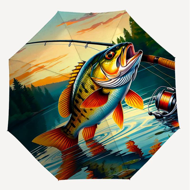 1PC Fishing Rod Lake Automatic Open/Close Umbrella with Windproof, 8-Rib Sturdy Canopy, Durable Ribs, Fashionable Design, Outdoor Accessory, Fun Prin,