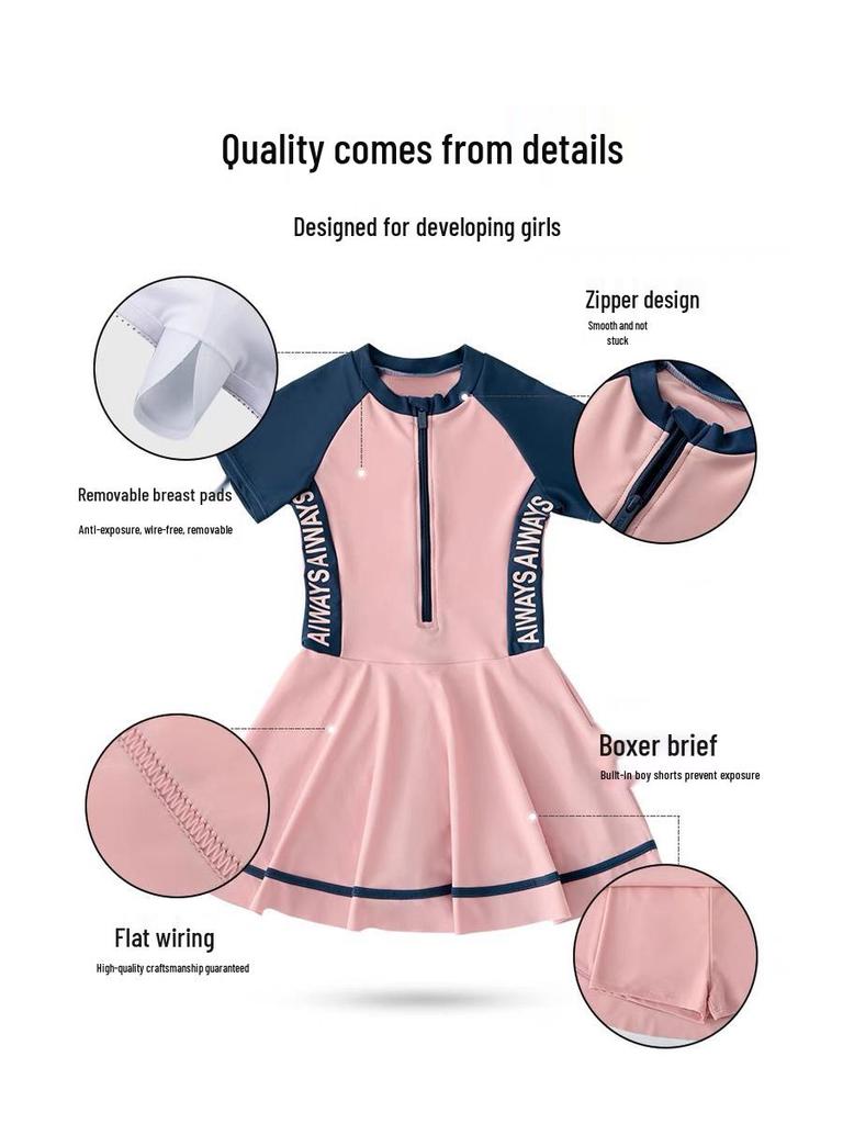 2023 Sporty One-Piece Skirted Swimsuit for Girls - Short-Sleeved, Plus Size, Hot Spring Swimwear for Kids