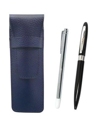 Blue Grained Leather Pen Case with Metal Pointer and Lasting Piece Metal Rotating Ballpoint Pen Black Set, SASL-701S-TK23-B