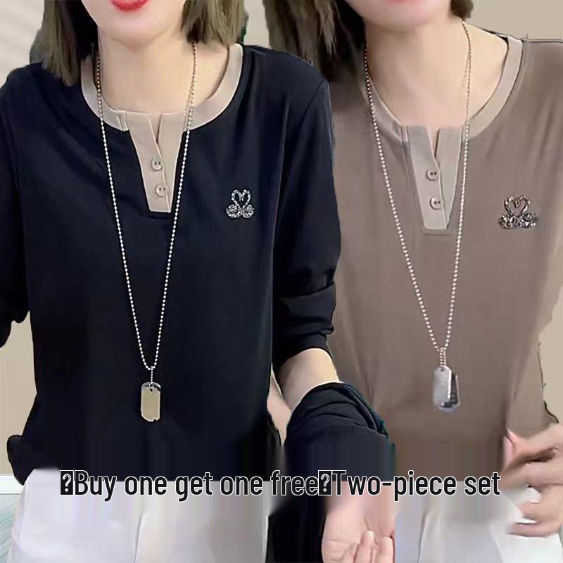 Women Pullovers Casual T Shirts Black Swan V-neck Long-sleeve T-shirt: Slimming, Stylish, and Age-Reducing