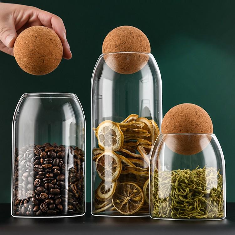 High Borosilicate Glass Storage Jar with Wooden Ball Cork for Tea or Coffee Beans