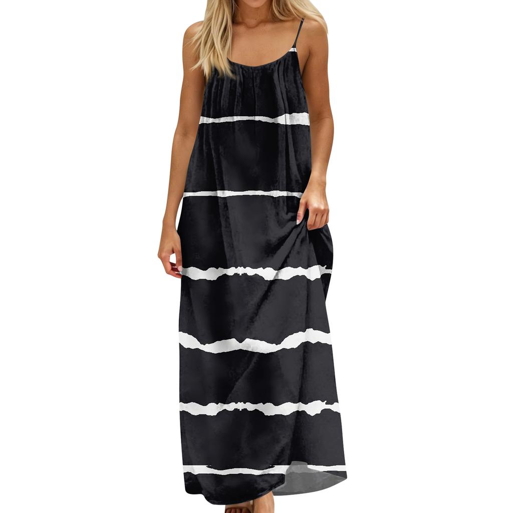 Women's Fashion Backless Spaghetti Strap Casual Loose-Fit Striped Print Dress
