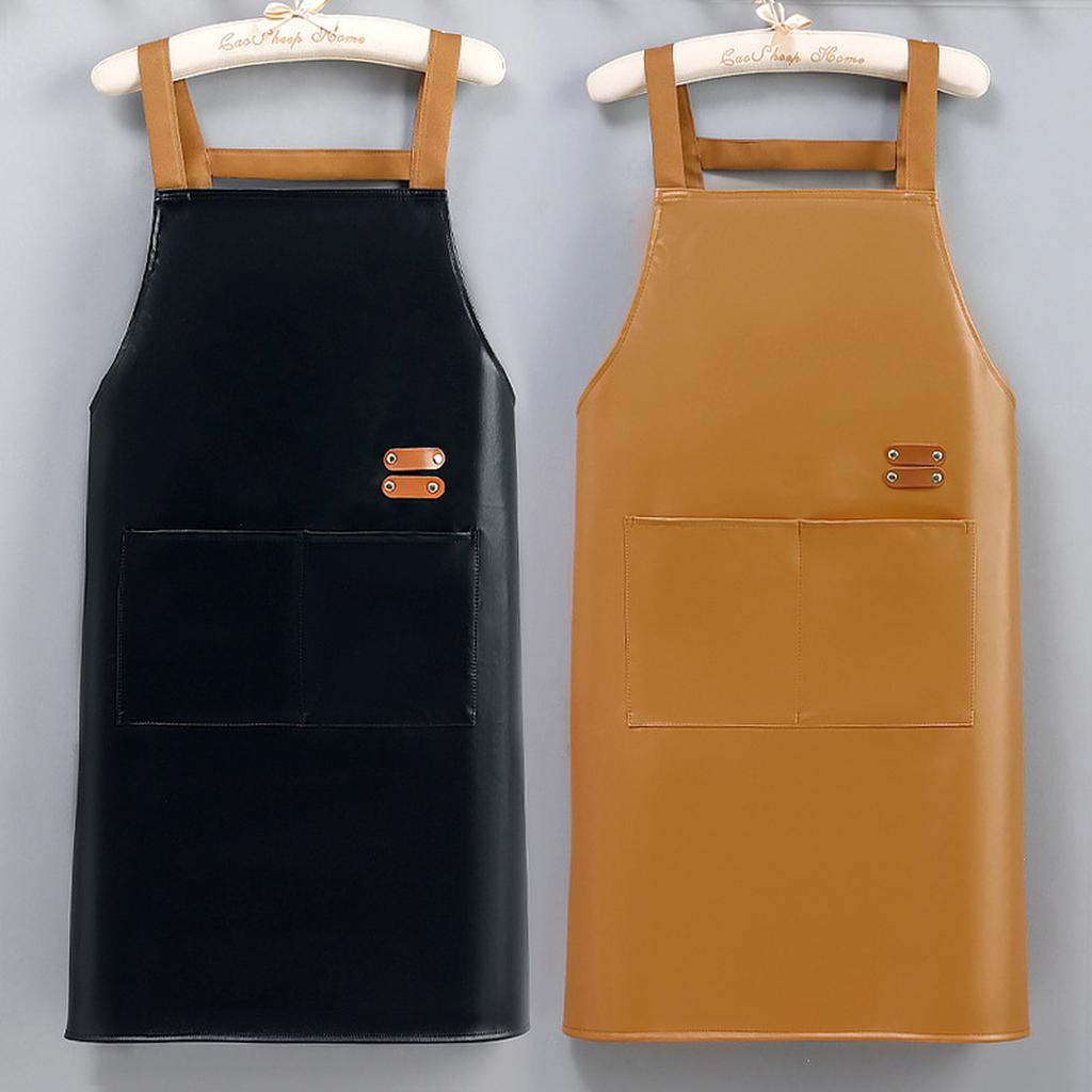 Adjustable PU Leather Apron with Pocket Waterproof Pinafore Oil Resistant Apron for Home Cooking and Kitchen Cleaning