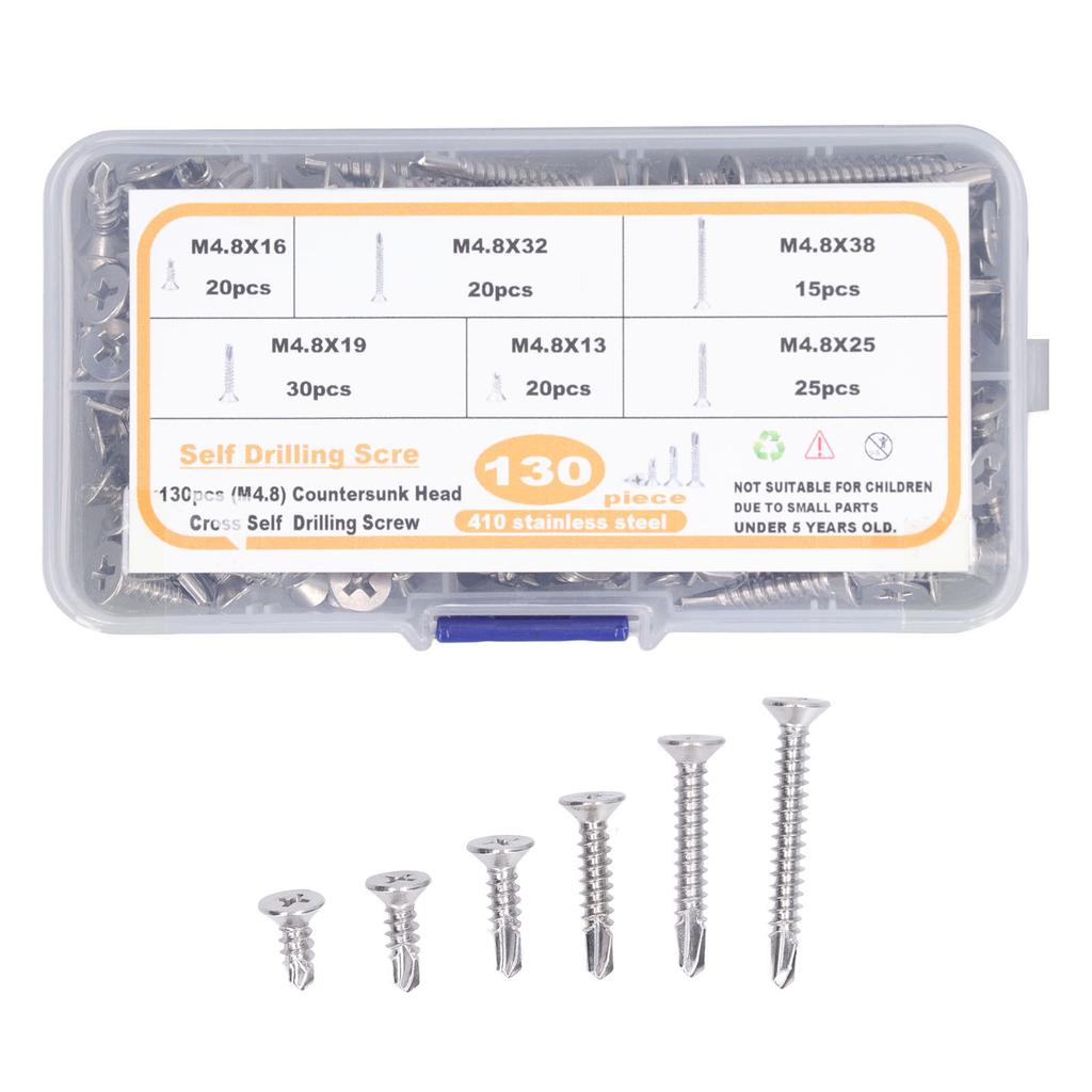 130 SZTUK Śruba Krzyżakowa z Płaskim Łbem Stal Nierdzewna M4.8 Odporne na Rdzę Wkręty Samowiercące do Włókna Szklanego