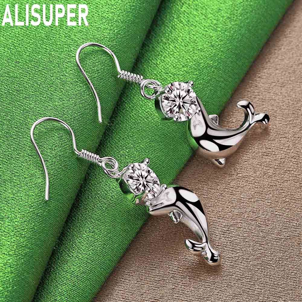 925 Sterling Silver AAA Zircon Dolphin Piercing Earrings Fashion Charm Wedding Jewelry