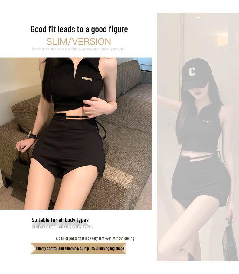 Summer 2024 Women's Black High-Waisted Irregular Petite Hot Shorts - Slimming & Sexy