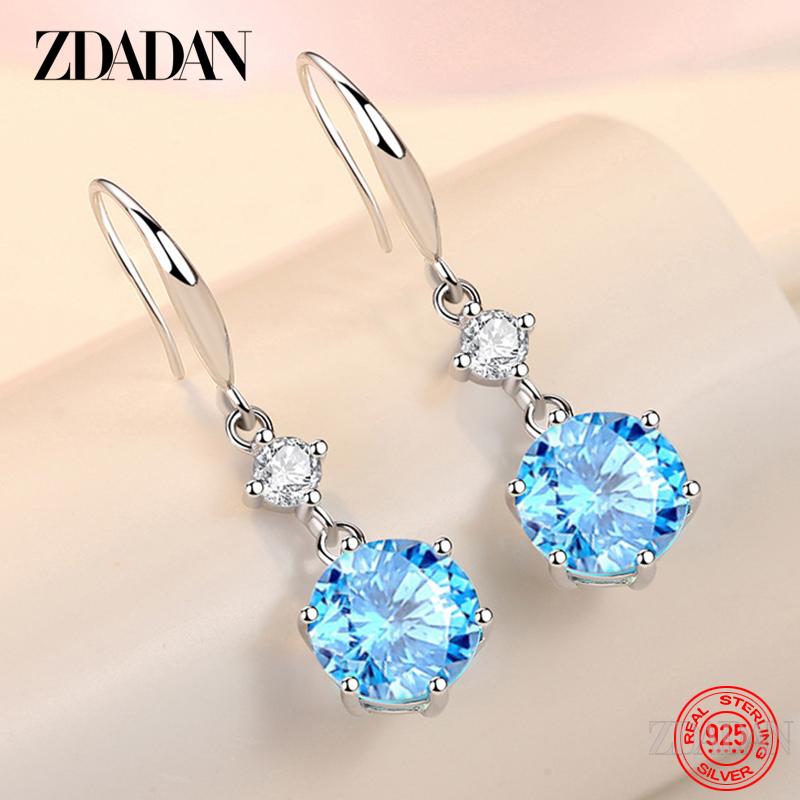 925 Silver Round Blue Zircon Long Drop Earrings for Women Girls Fashion Jewelry
