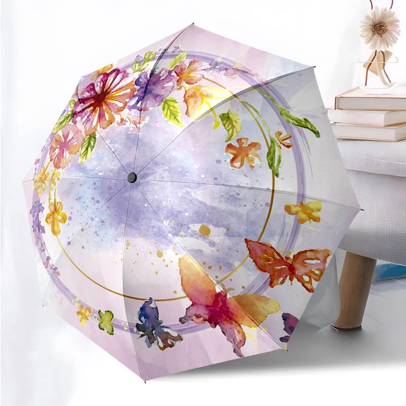 Golden Butterfly Pattern Folding Umbrella Fashion Auto-Open 8 Iron Ribs Plastic Handle Foldable Sunshade Perfect Christmas Gifts