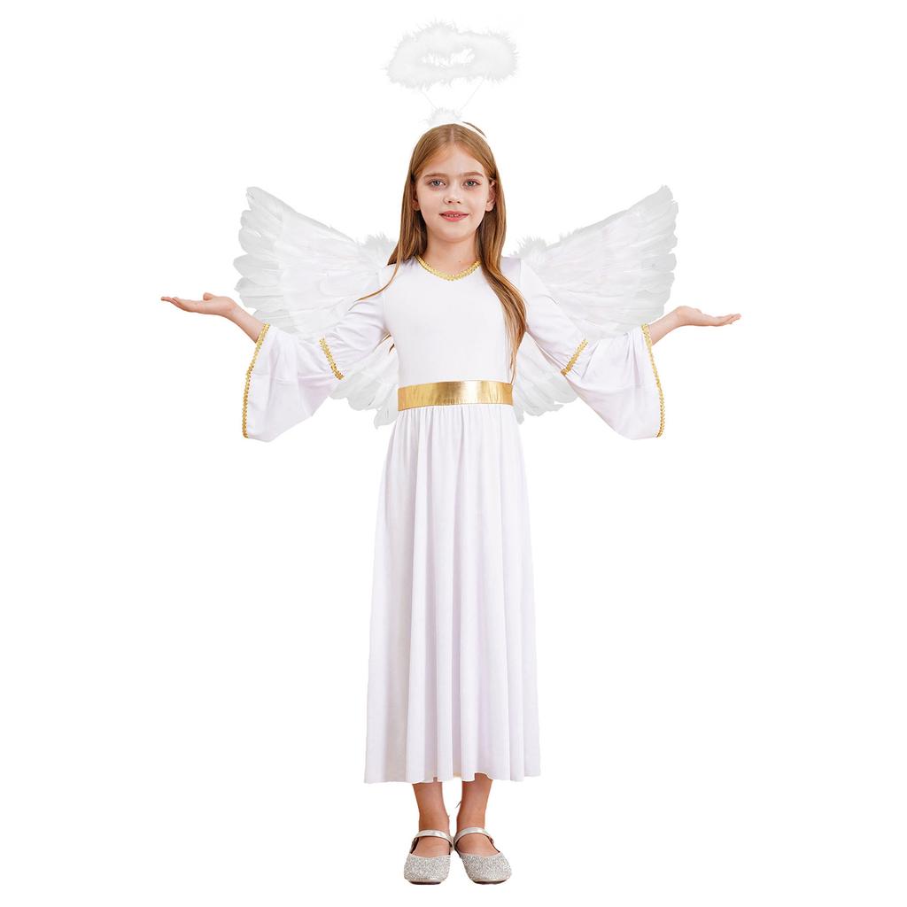 Girls 3 Piece Angel Costume Long Sleeve Gold Trim Gown Feather Hairband Angel Wings Dress Up Performance Outfit