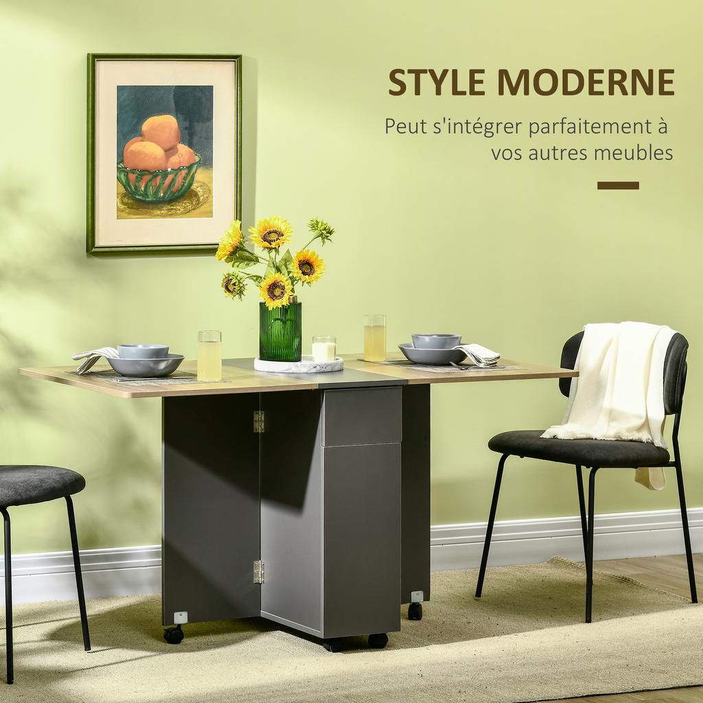 Folding dining table on castors with storage 2 drawers and 1 cupboard 76 x 140 x 74 cm