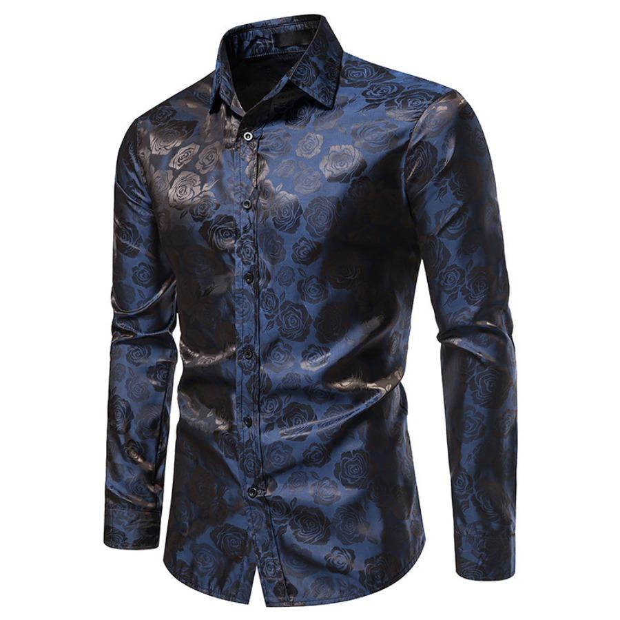 Men's Long Sleeve Fashionable Shirt Rose Print Casual Button Shirts Men Lapel Spring Formal Clothing